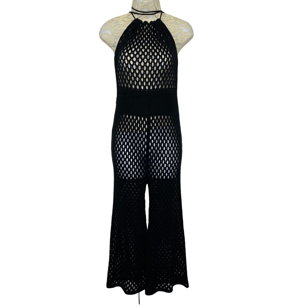 Unbranded Crochet Jumpsuit Women One Size Black Fishnet Halter Wide Leg Boho